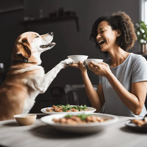 picture of a dog owner praising their dog during mealtime 904883281