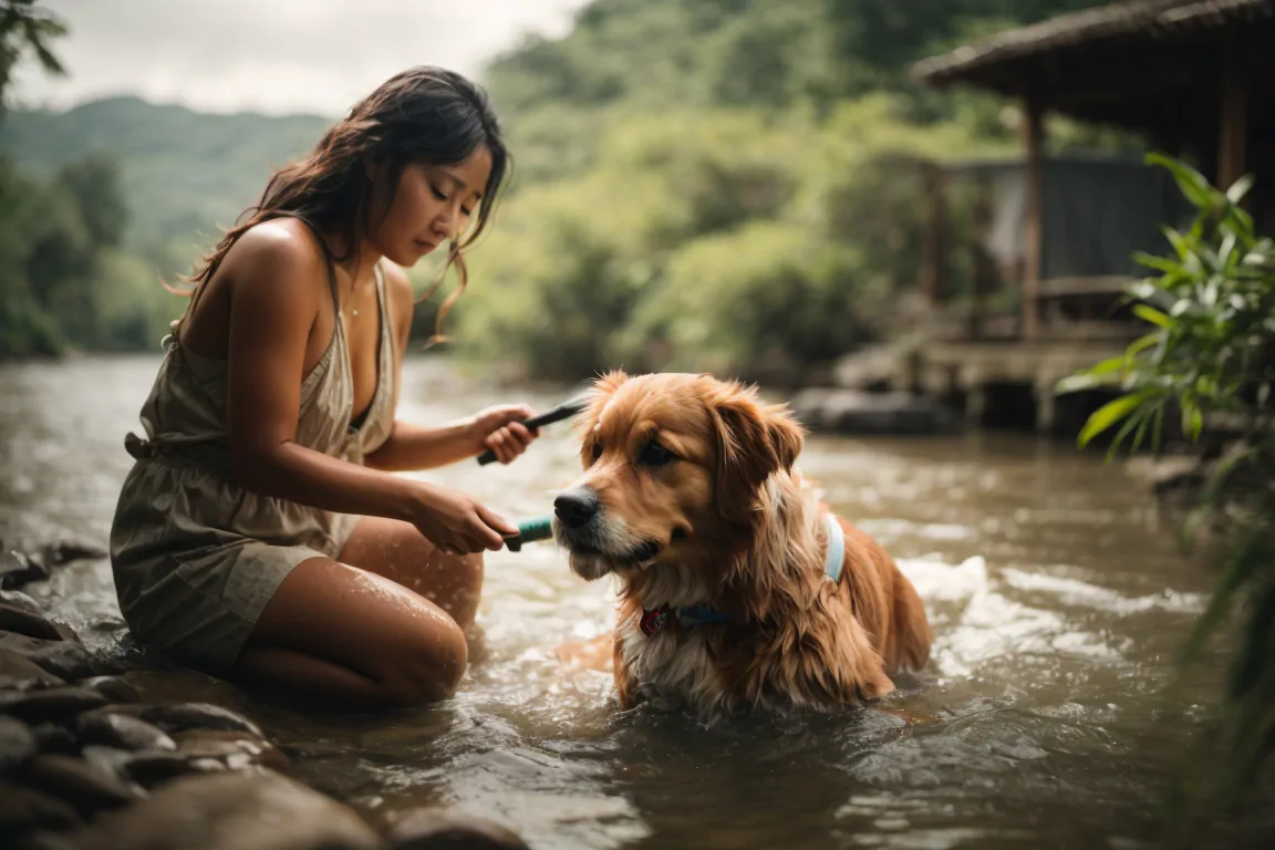 dog bathing in a river